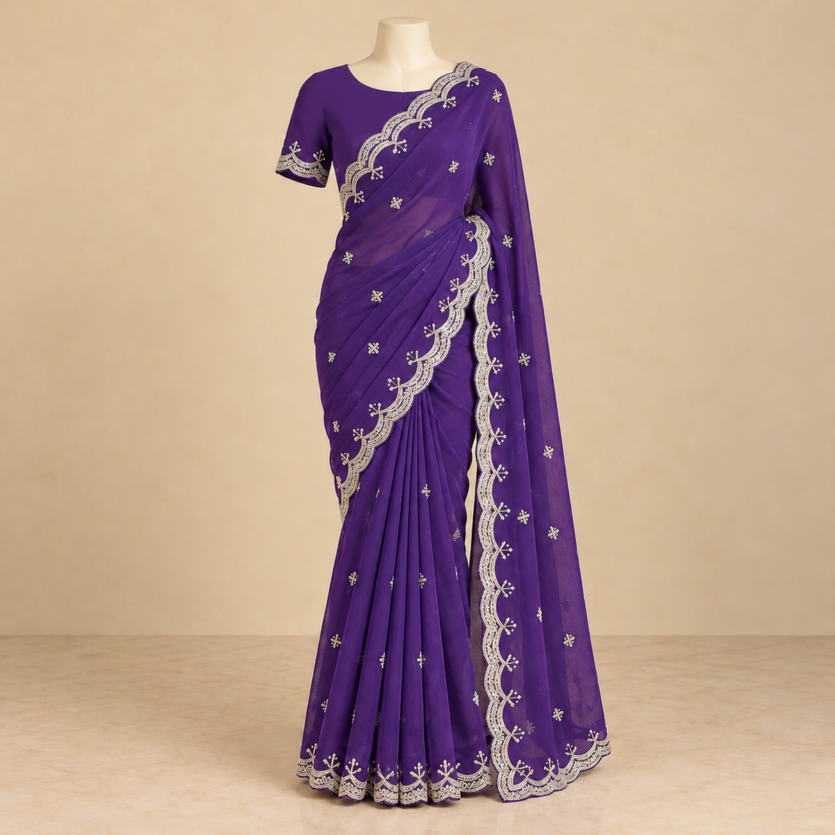 Onion Soft Organza Saree with Silver Embroidery and Scalloped Border