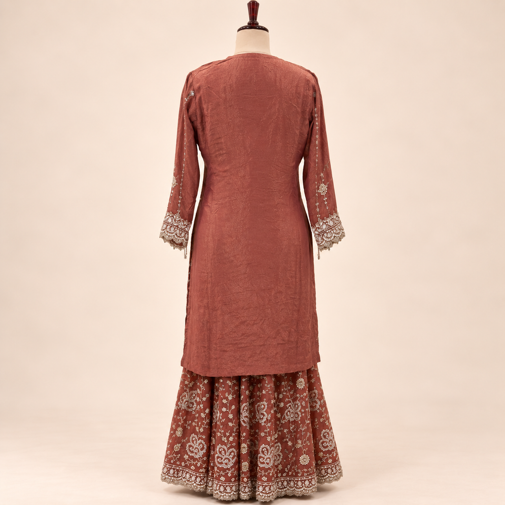 Rust Shimmer Floral Embellished  Salwar Suit with Dupatta