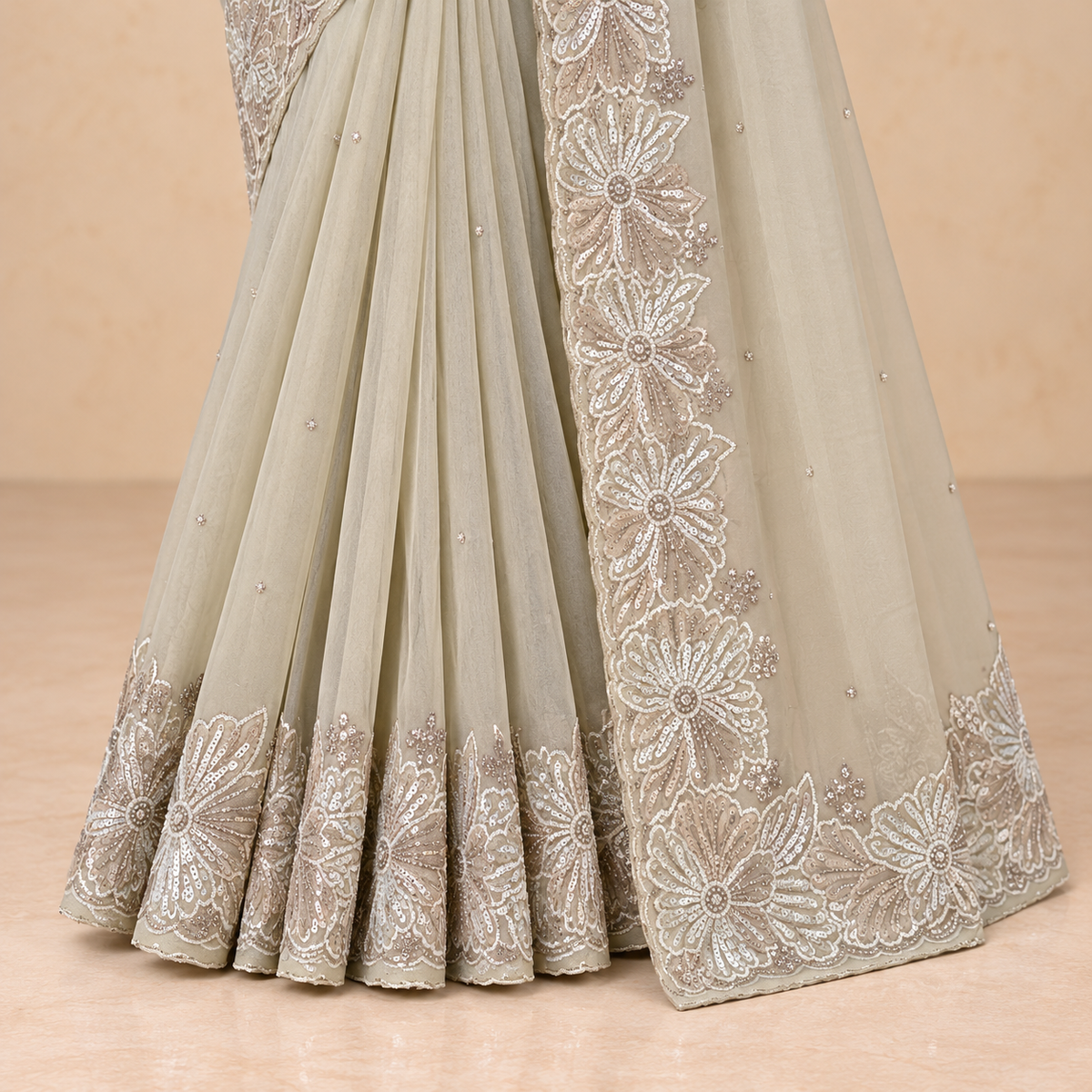 White Floral Thread Embroidery with Shimmering Embellishments and Intricate Floral Border Detailing