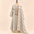 Beige Mirror Embellished Salwar Suit with Striped Dupatta