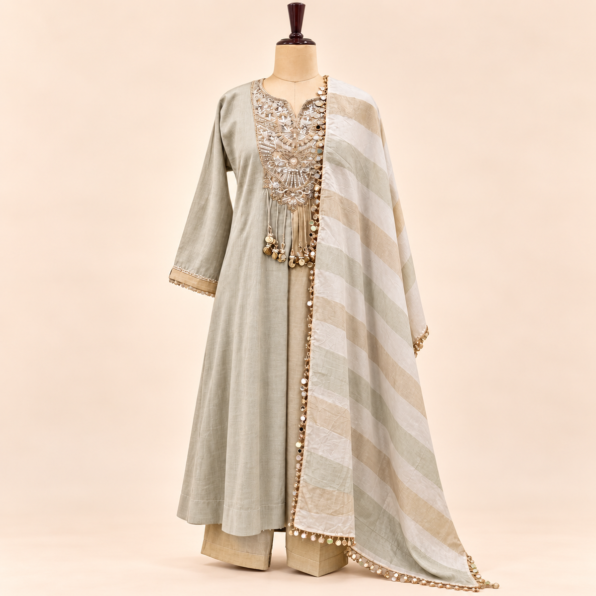 Beige Mirror Embellished Salwar Suit with Striped Dupatta
