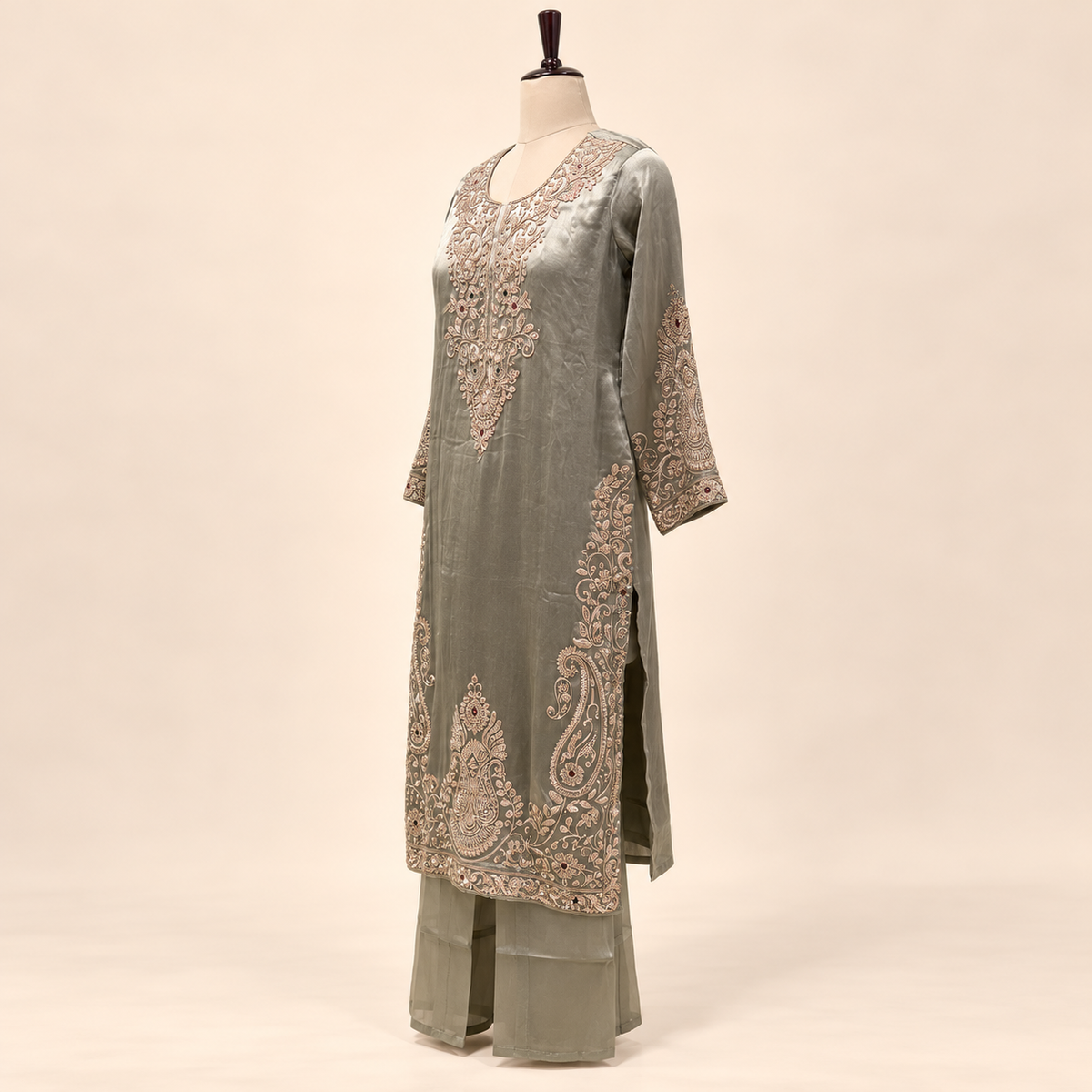 Golden Raw Silk Paisley Embroidered Straight Cut Salwar Suit with Dupatta