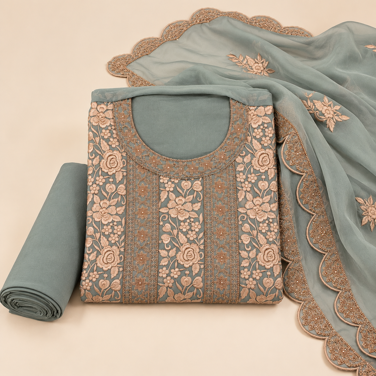 Sage Green Organza Floral Embroidered Unstitched Dress Material Set