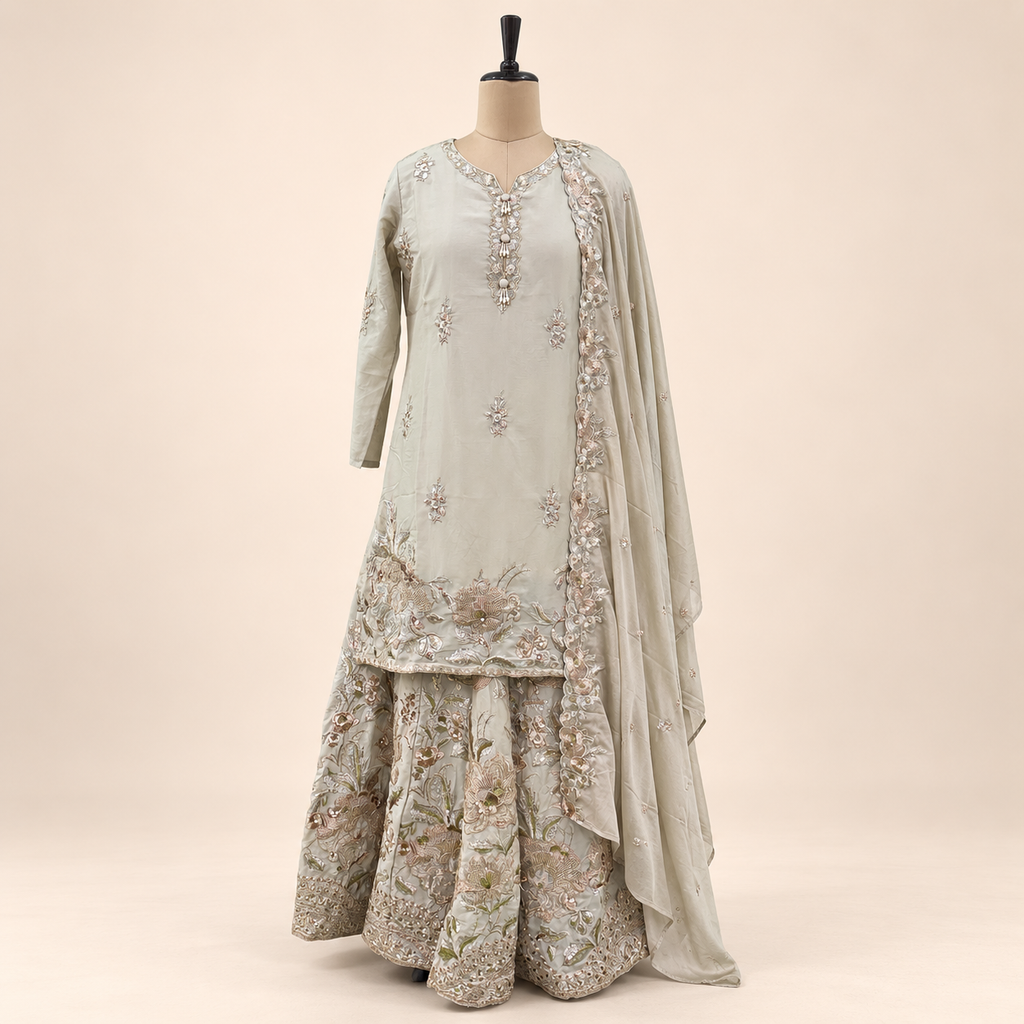Beige Floral Embroidered Sharara Salwar Suit