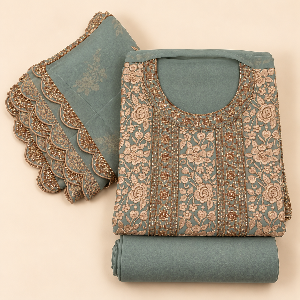 Sage Green Organza Floral Embroidered Unstitched Dress Material Set