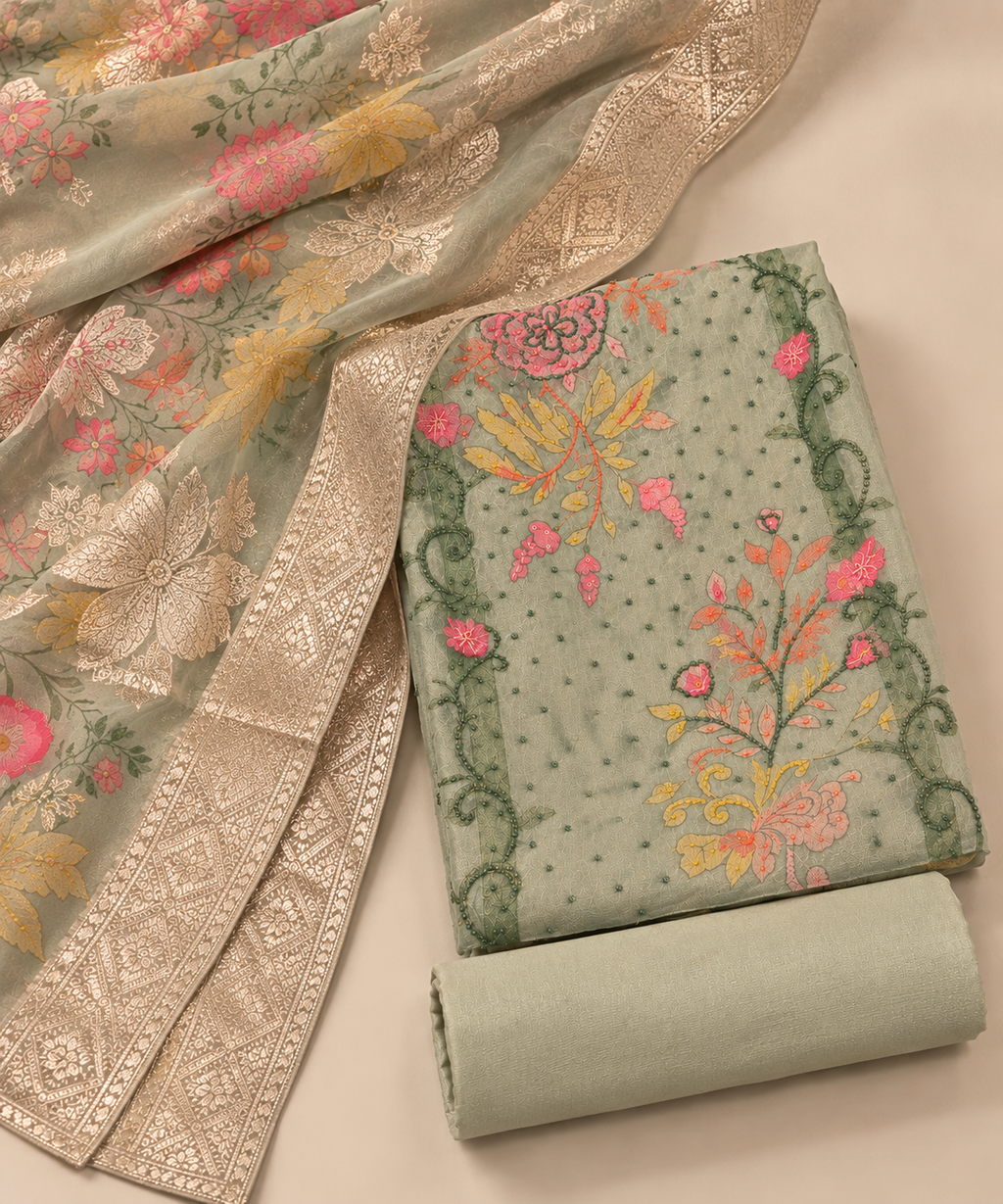 Elegant Sage Green Shimmer Dress Material with Multicolour Floral Embroidery