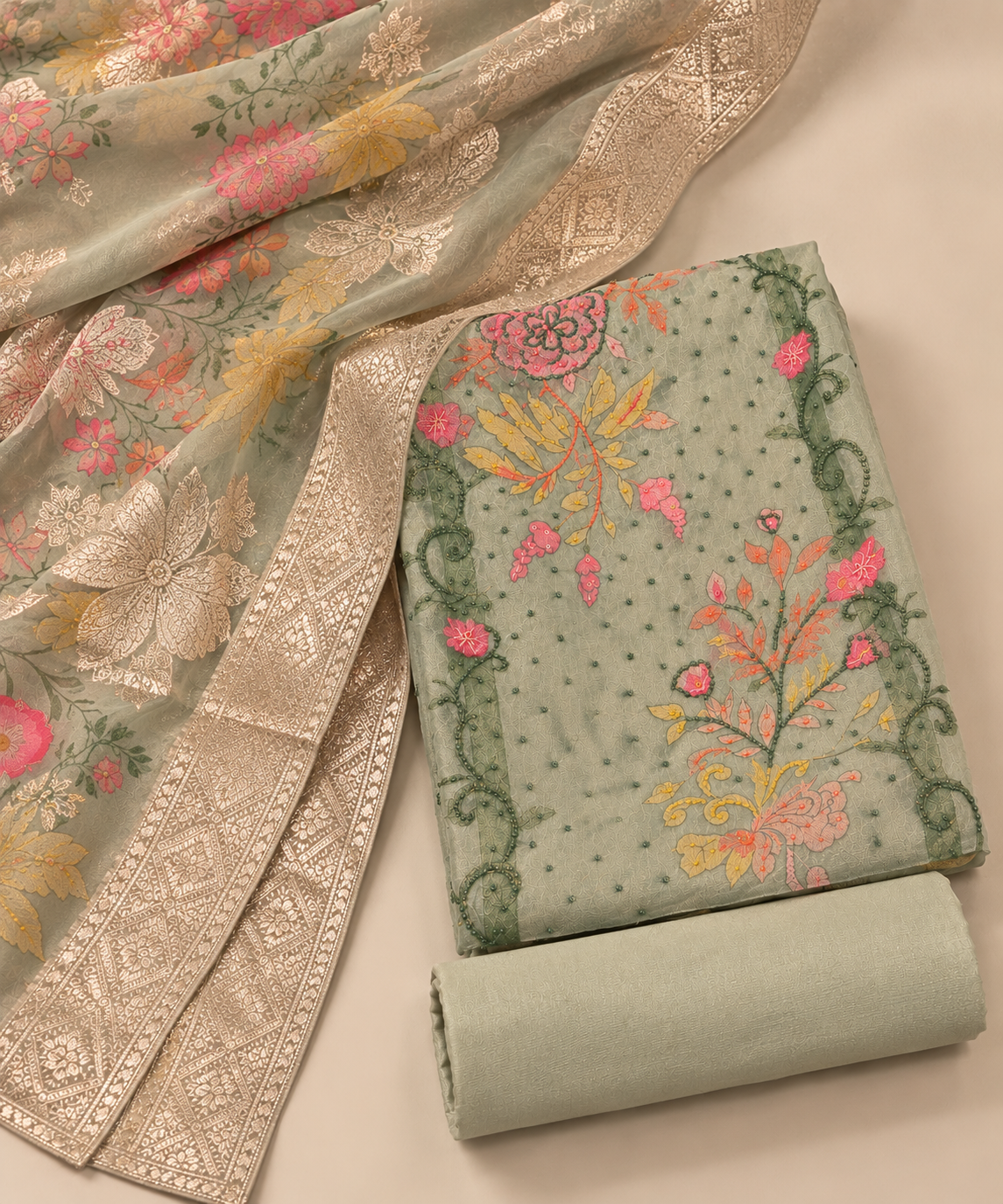 Elegant Sage Green Shimmer Dress Material with Multicolour Floral Embroidery