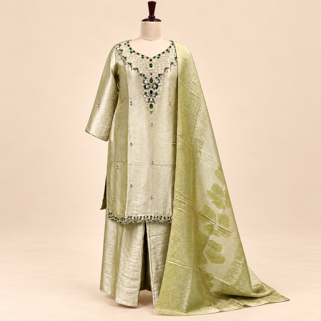 Mehandi Green Raw Silk Embellished Palazzo Suit