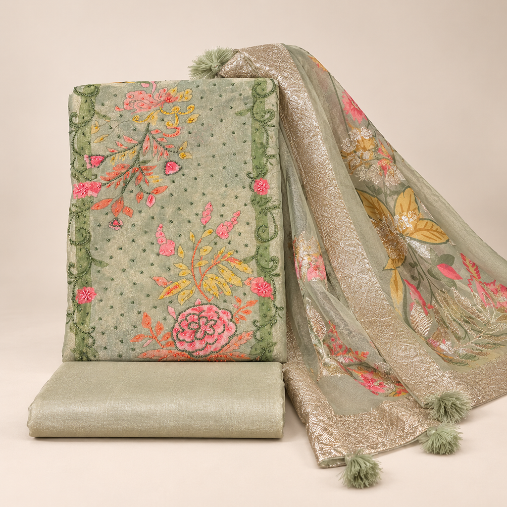 Elegant Sage Green Shimmer Dress Material with Multicolour Floral Embroidery