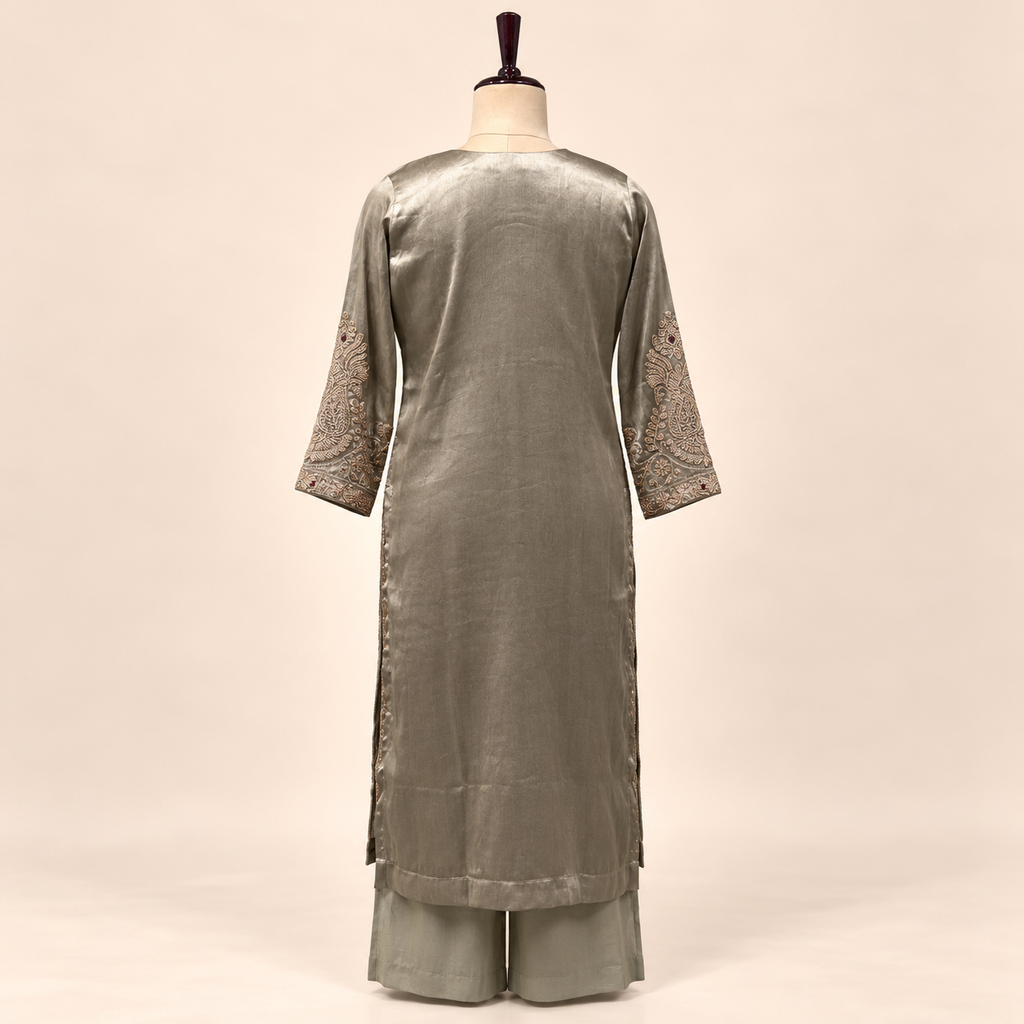 Golden Raw Silk Paisley Embroidered Straight Cut Salwar Suit with Dupatta