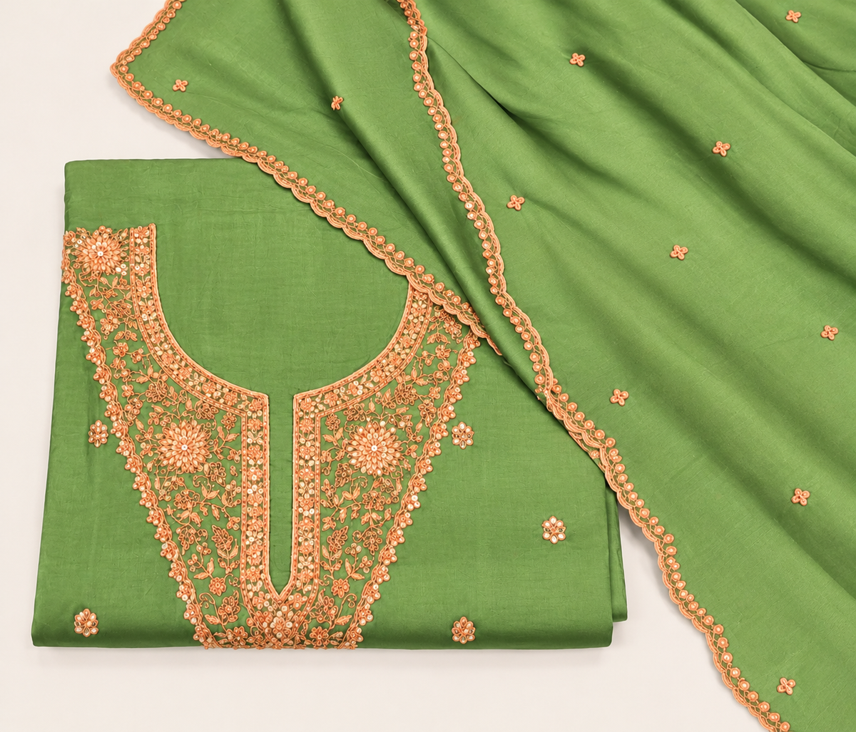 Olive Green Soft Silk Embroidered Unstitched Dress Material Set