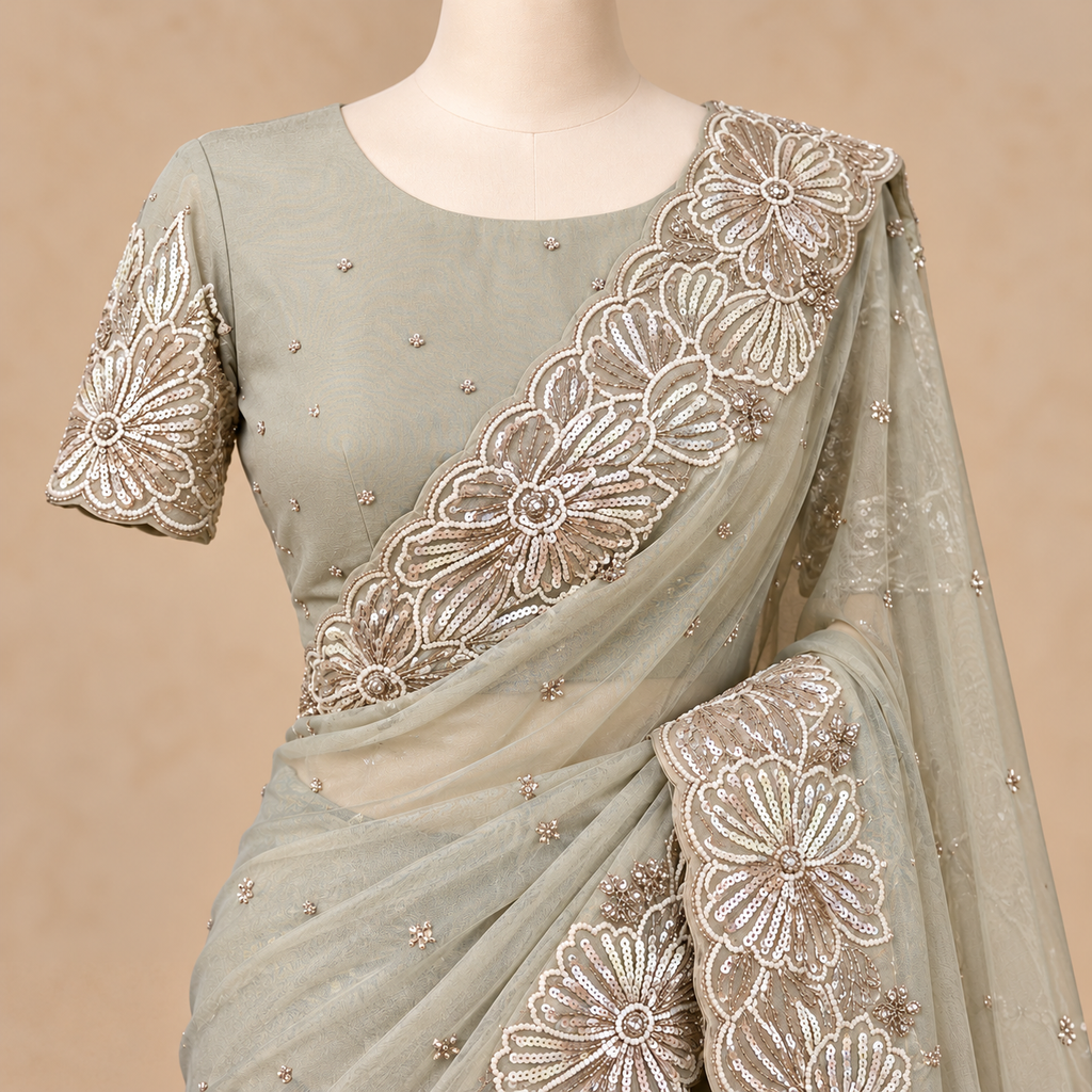 White Floral Thread Embroidery with Shimmering Embellishments and Intricate Floral Border Detailing