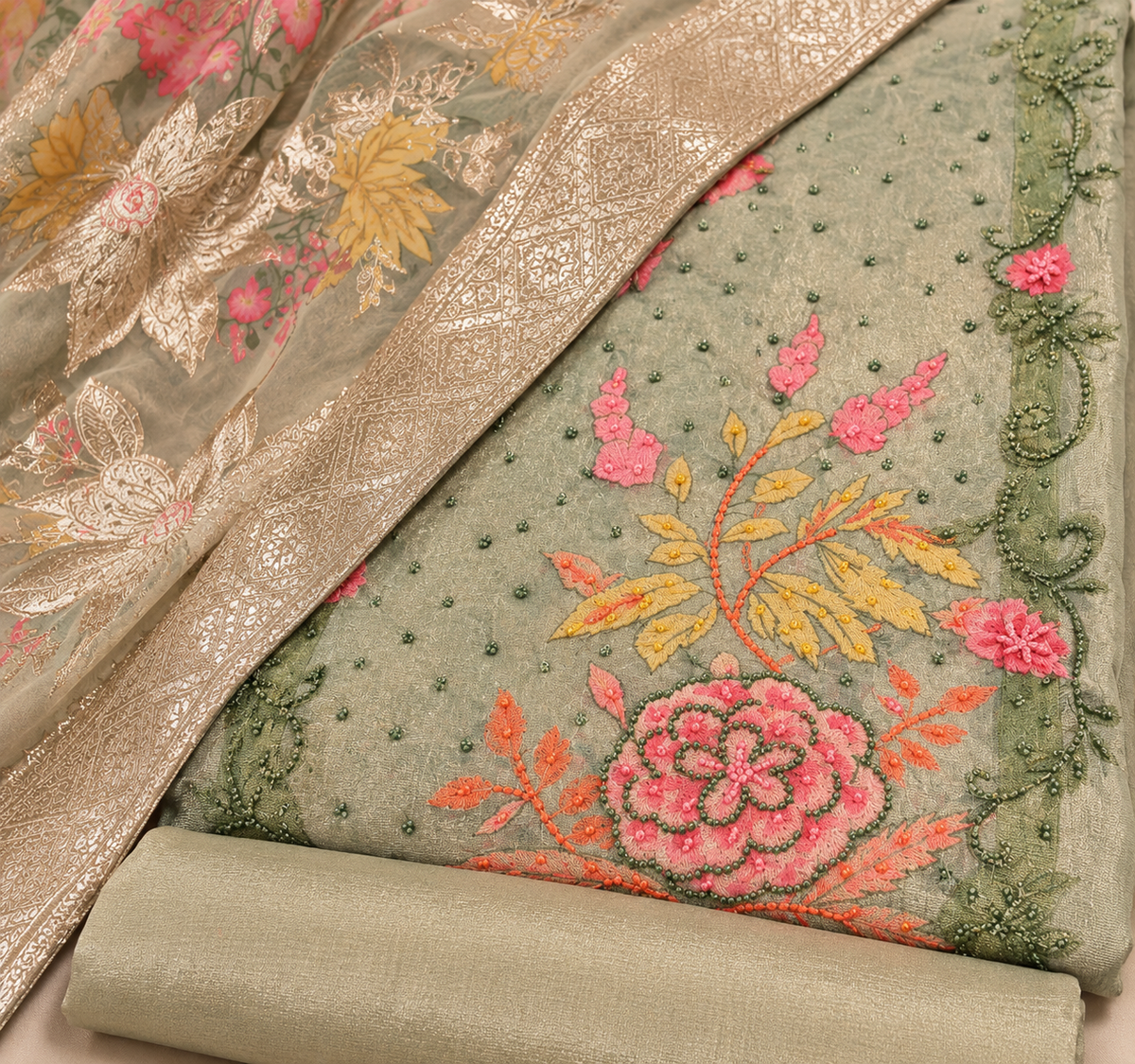 Elegant Sage Green Shimmer Dress Material with Multicolour Floral Embroidery