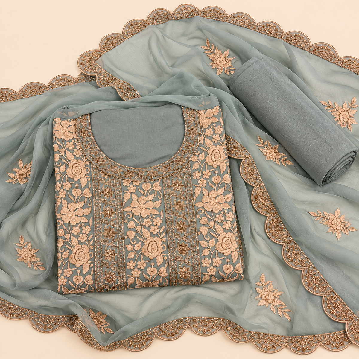 Sage Green Organza Floral Embroidered Unstitched Dress Material Set