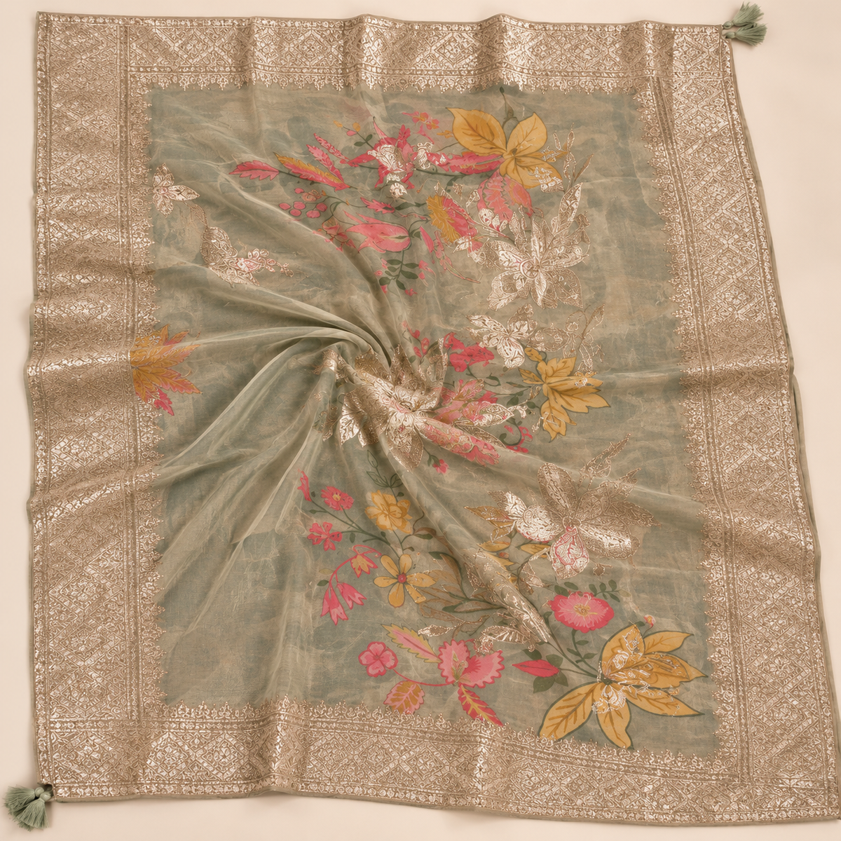 Elegant Sage Green Shimmer Dress Material with Multicolour Floral Embroidery
