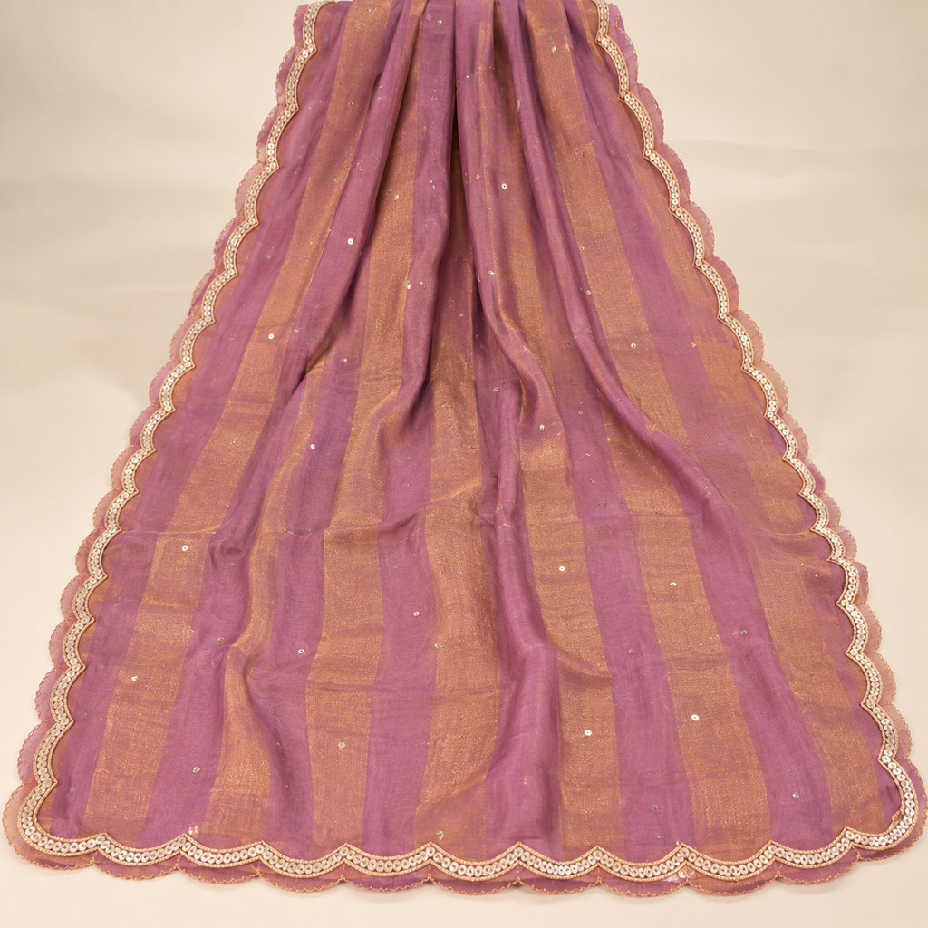 Elegant Lavender Shimmer Silk Dress Material with Gold Floral Embroidery and Scalloped Dupatta
