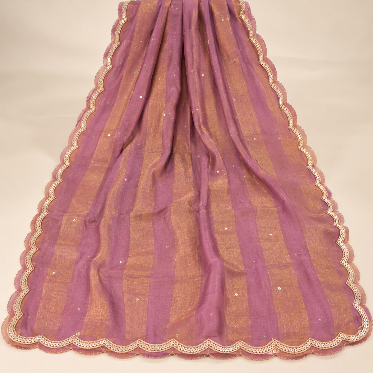 Elegant Lavender Shimmer Silk Dress Material with Gold Floral Embroidery and Scalloped Dupatta