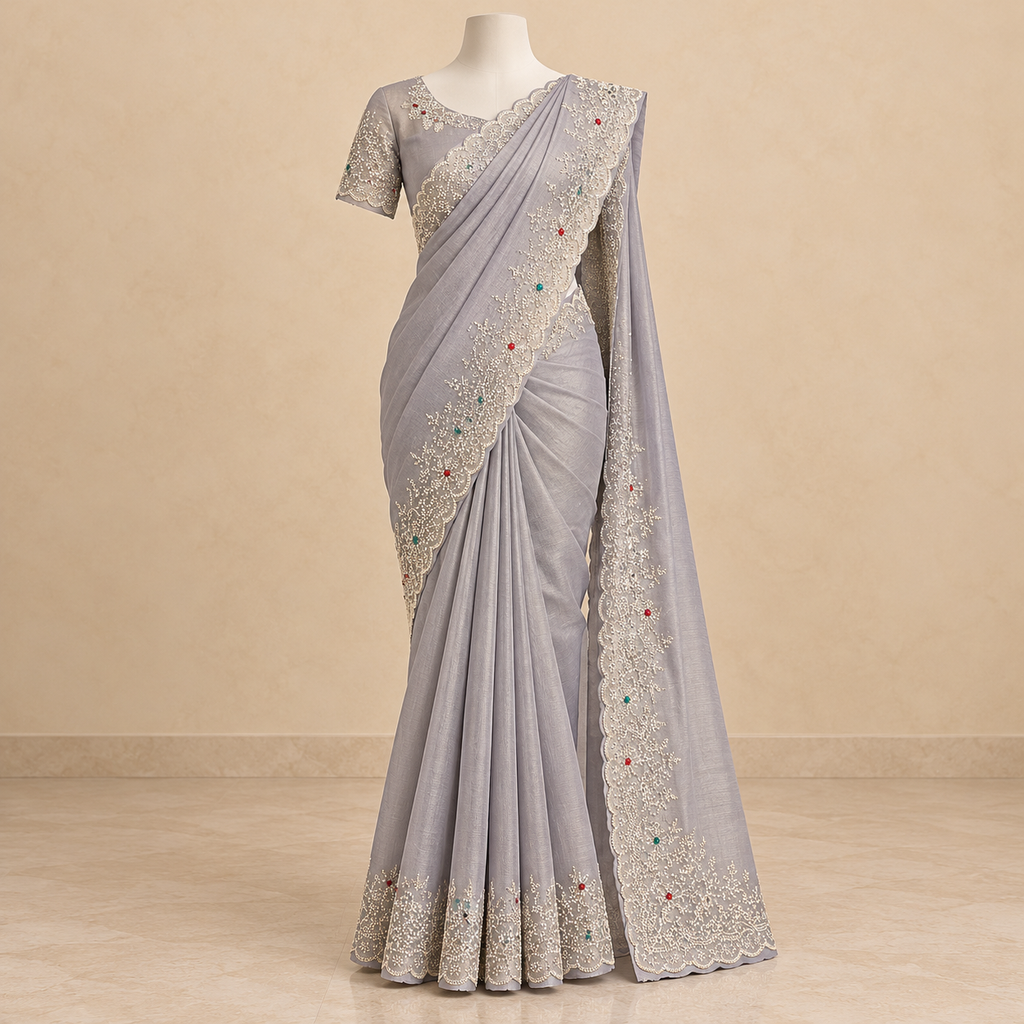 Lavender Tissue Silk Saree with Scalloped Floral Embroidery