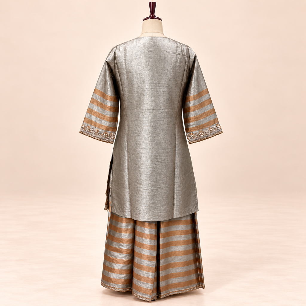 Golden Raw Silk Embroidered Palazzo Salwar Set