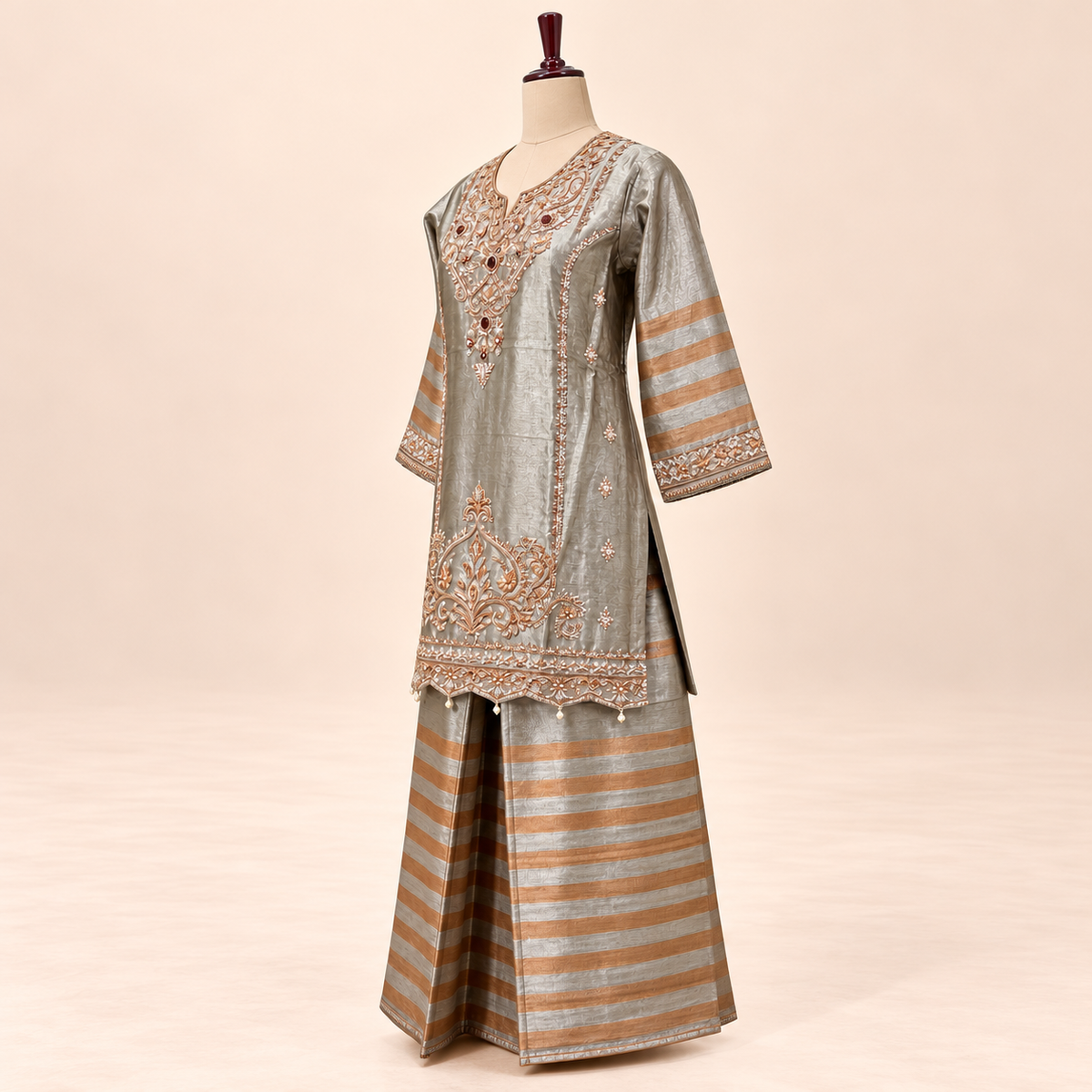 Golden Raw Silk Embroidered Palazzo Salwar Set
