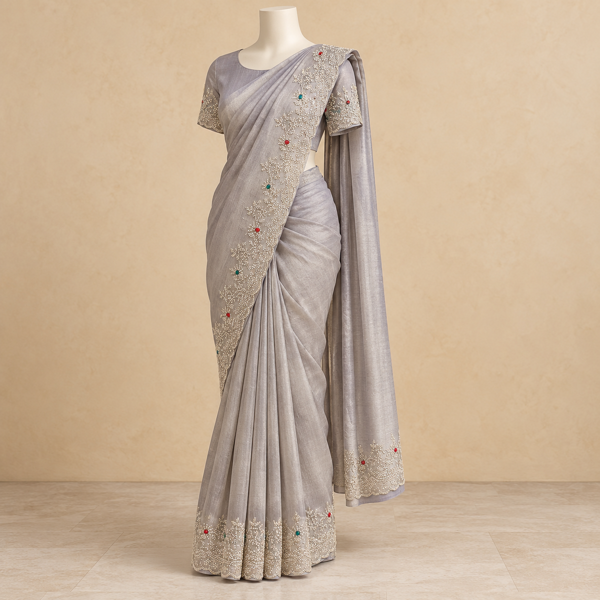 Lavender Tissue Silk Saree with Scalloped Floral Embroidery