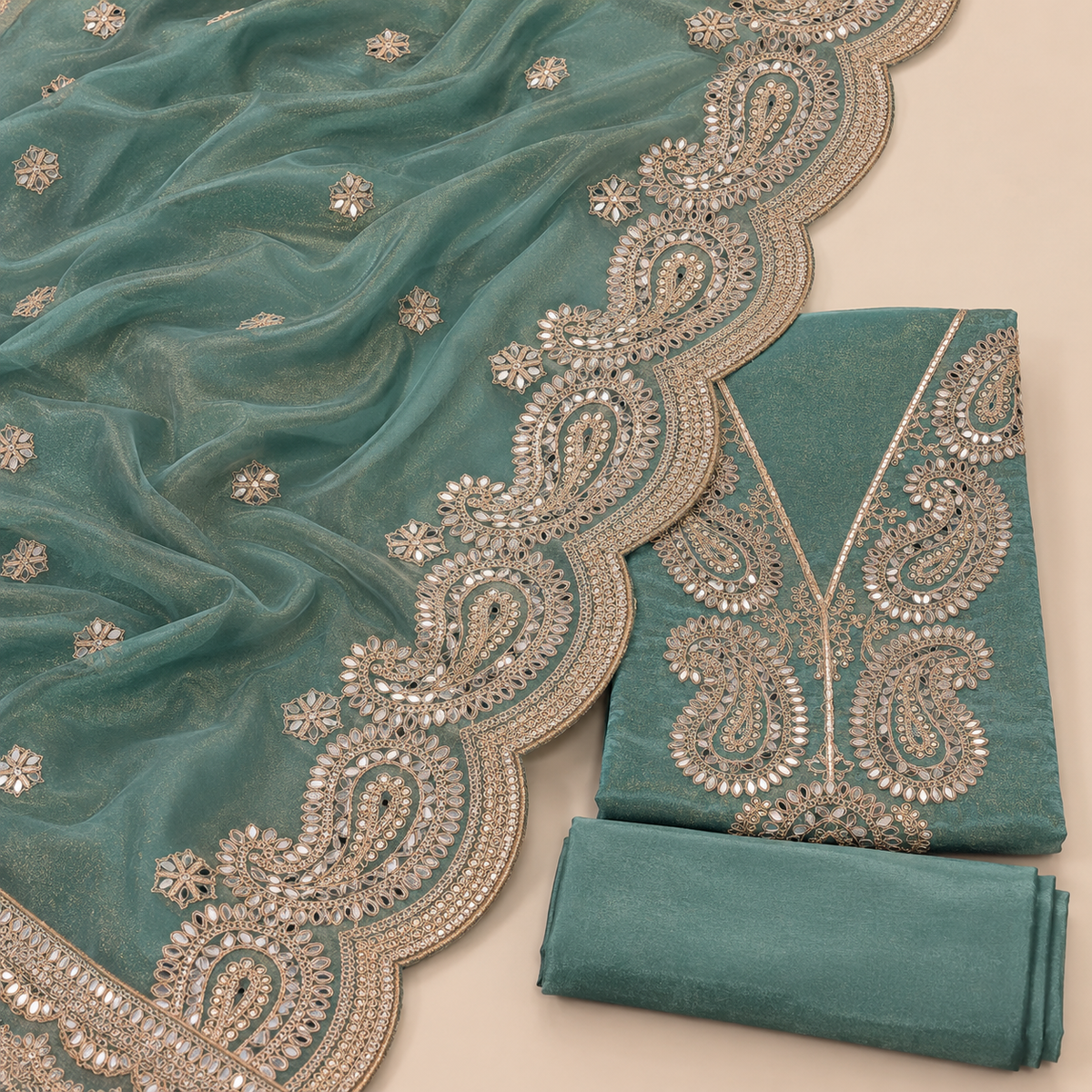 Elegant Green Raw Silk Embroidered Dress Material with Scalloped Dupatta