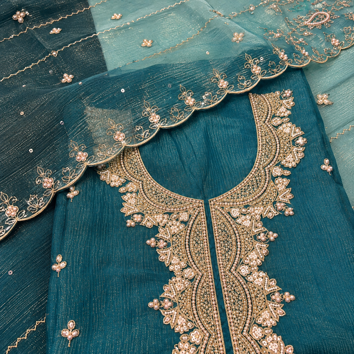 Elegant Green Shimmer Silk Dress Material with Intricate Floral Embroidery