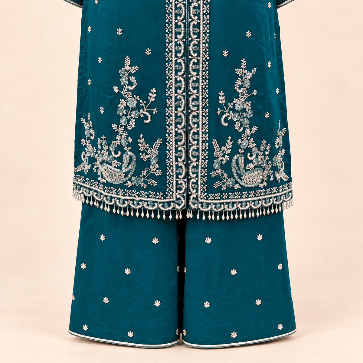 Peacock Blue Embellished Salwar Suit with Palazzo &amp; Dupatta