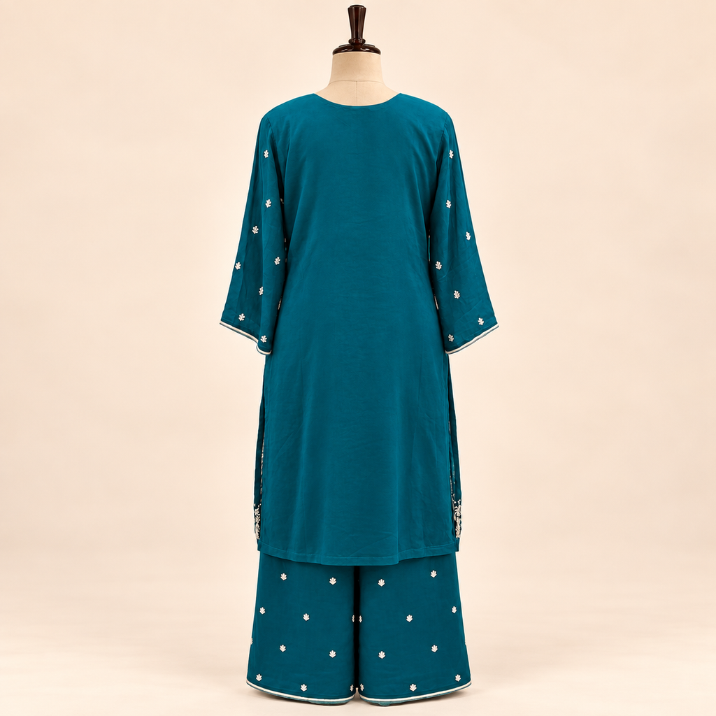 Peacock Blue Embellished Salwar Suit with Palazzo &amp; Dupatta