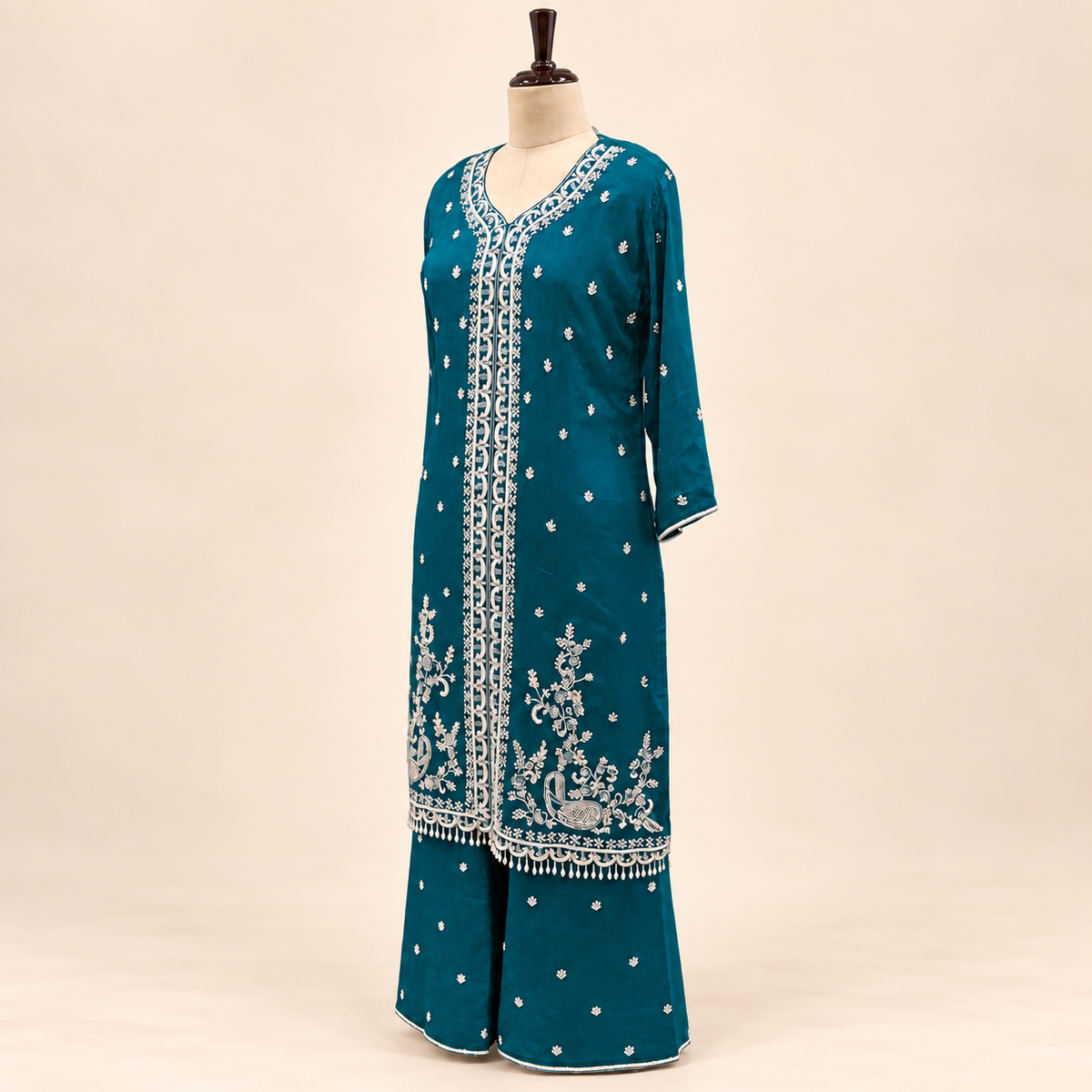 Peacock Blue Embellished Salwar Suit with Palazzo &amp; Dupatta