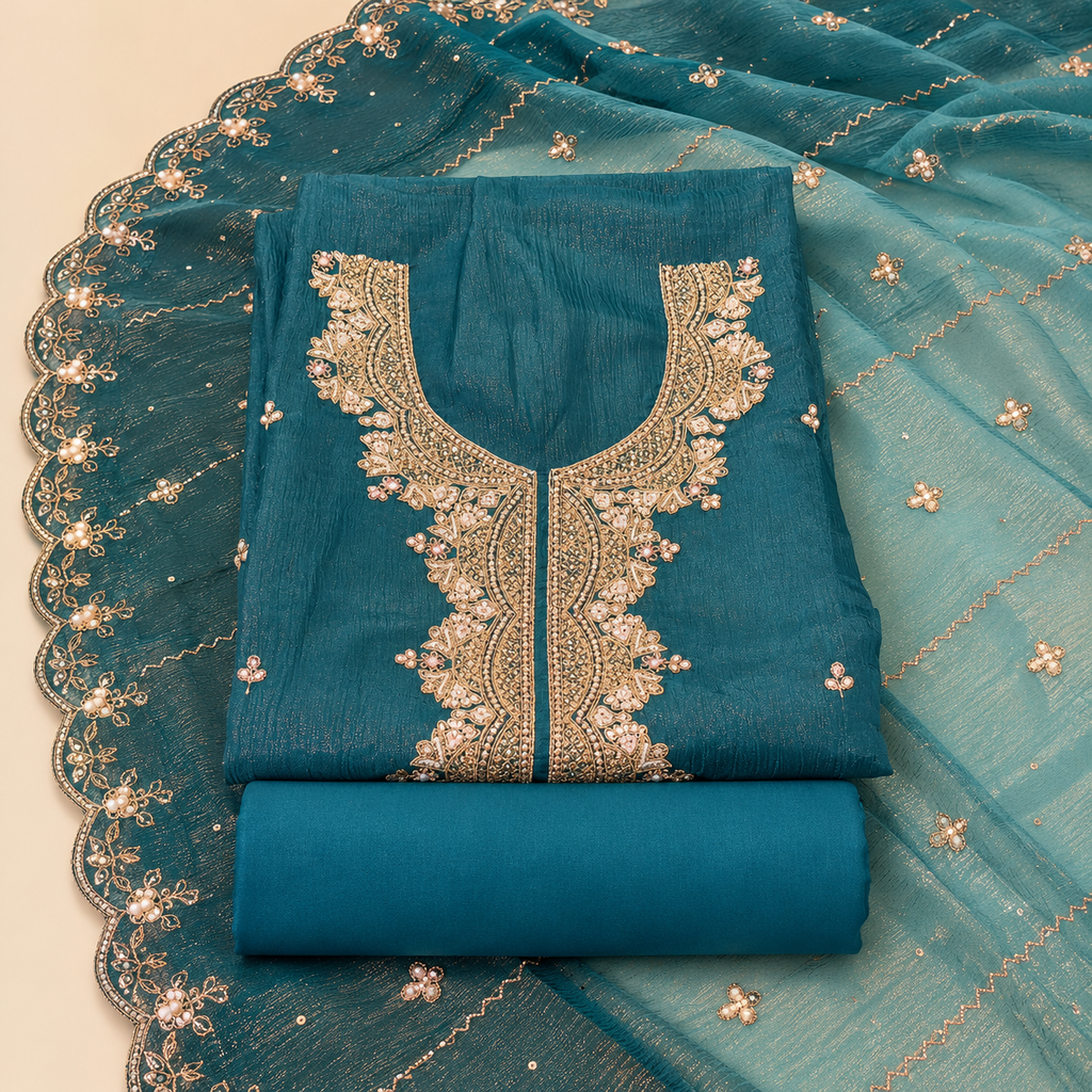 Elegant Green Shimmer Silk Dress Material with Intricate Floral Embroidery