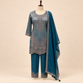 Green Silk Kurta Set with Floral Embroidery and Scalloped Hem