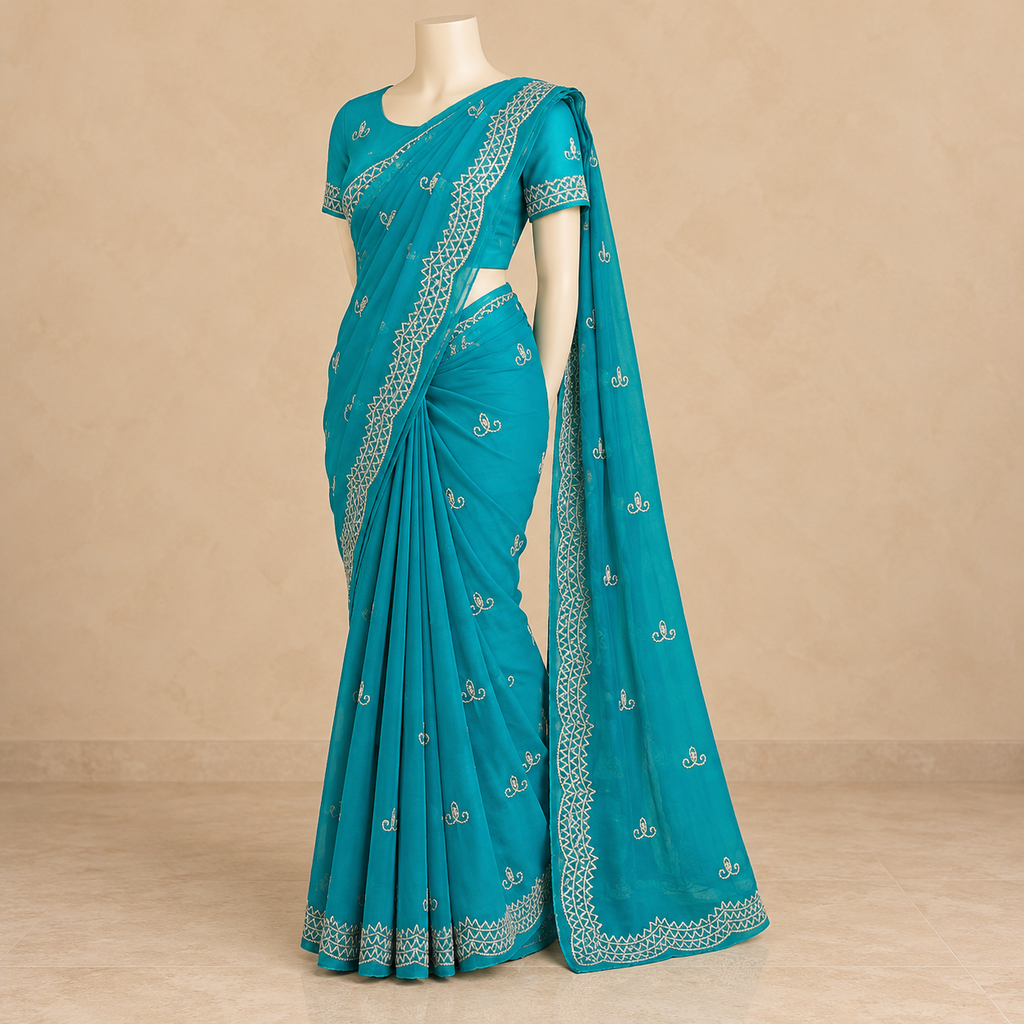 Green Soft Organza Saree with Embroidered Border