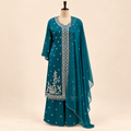 Peacock Blue Embellished Salwar Suit with Palazzo &amp; Dupatta