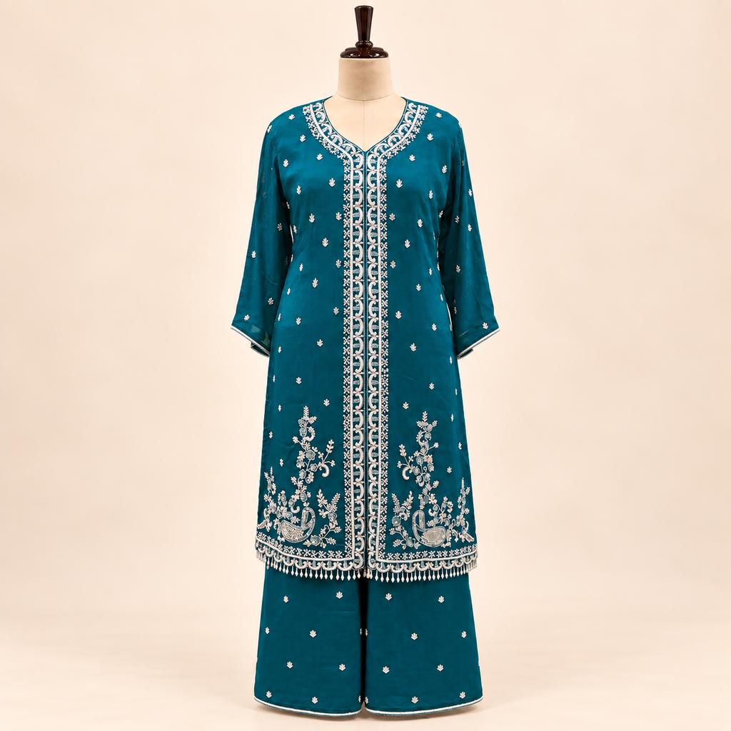 Peacock Blue Embellished Salwar Suit with Palazzo &amp; Dupatta