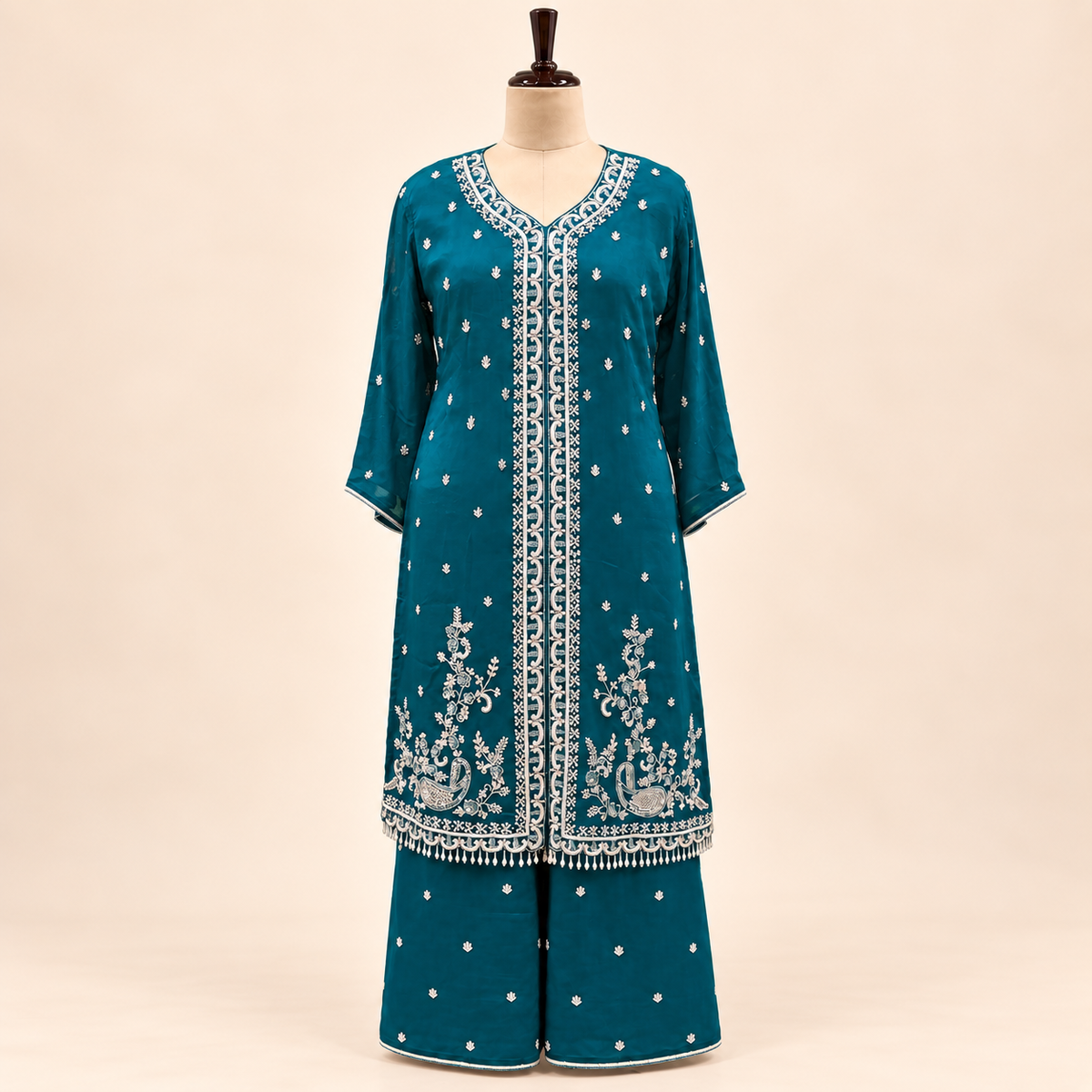 Peacock Blue Embellished Salwar Suit with Palazzo &amp; Dupatta