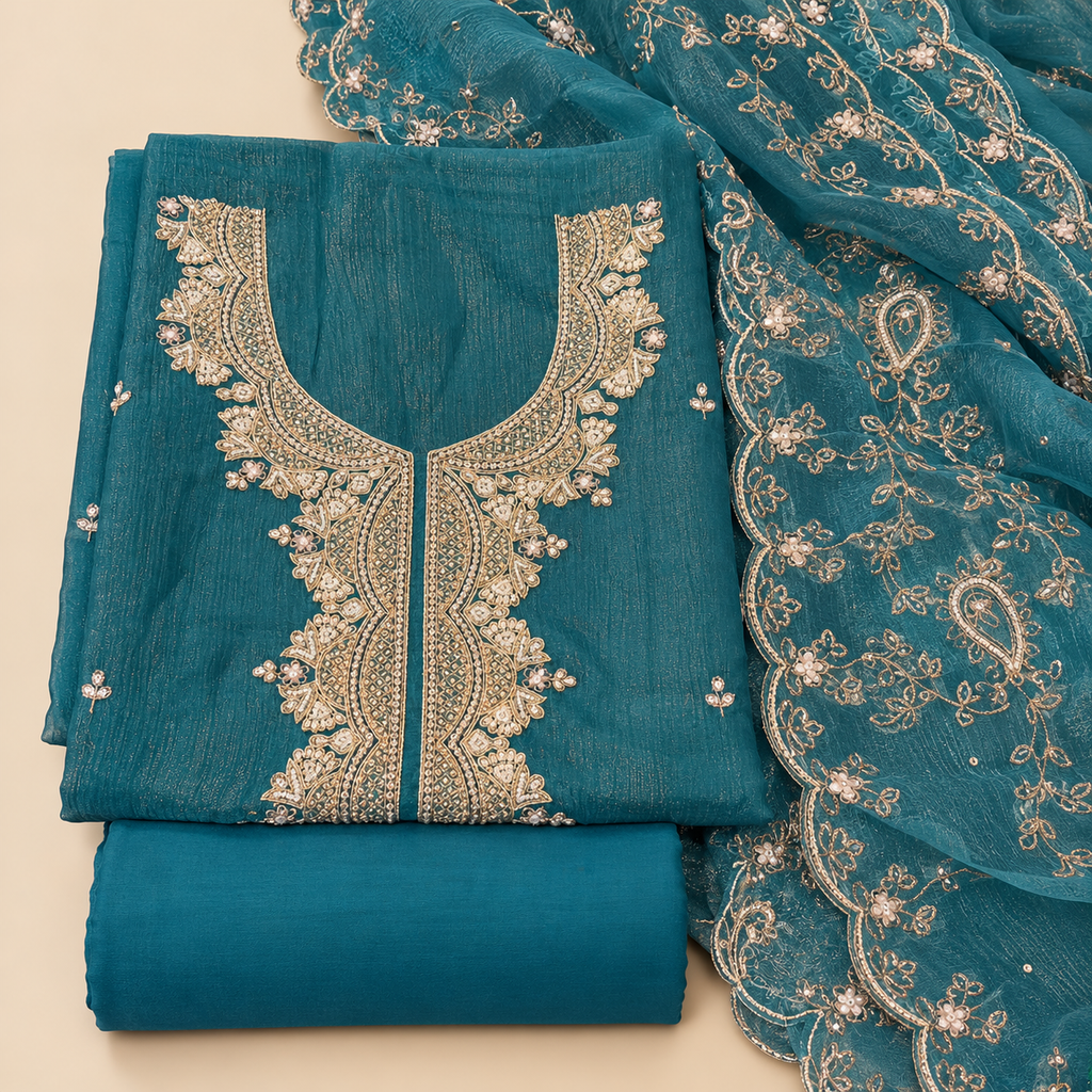 Elegant Green Shimmer Silk Dress Material with Intricate Floral Embroidery