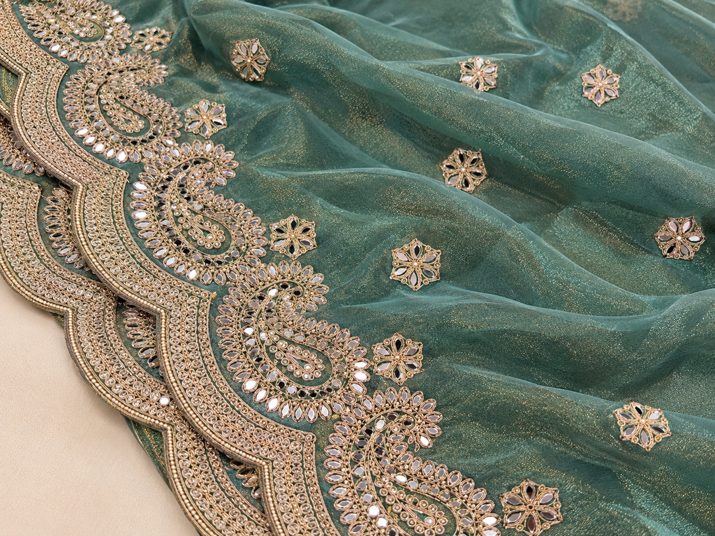 Elegant Green Raw Silk Embroidered Dress Material with Scalloped Dupatta