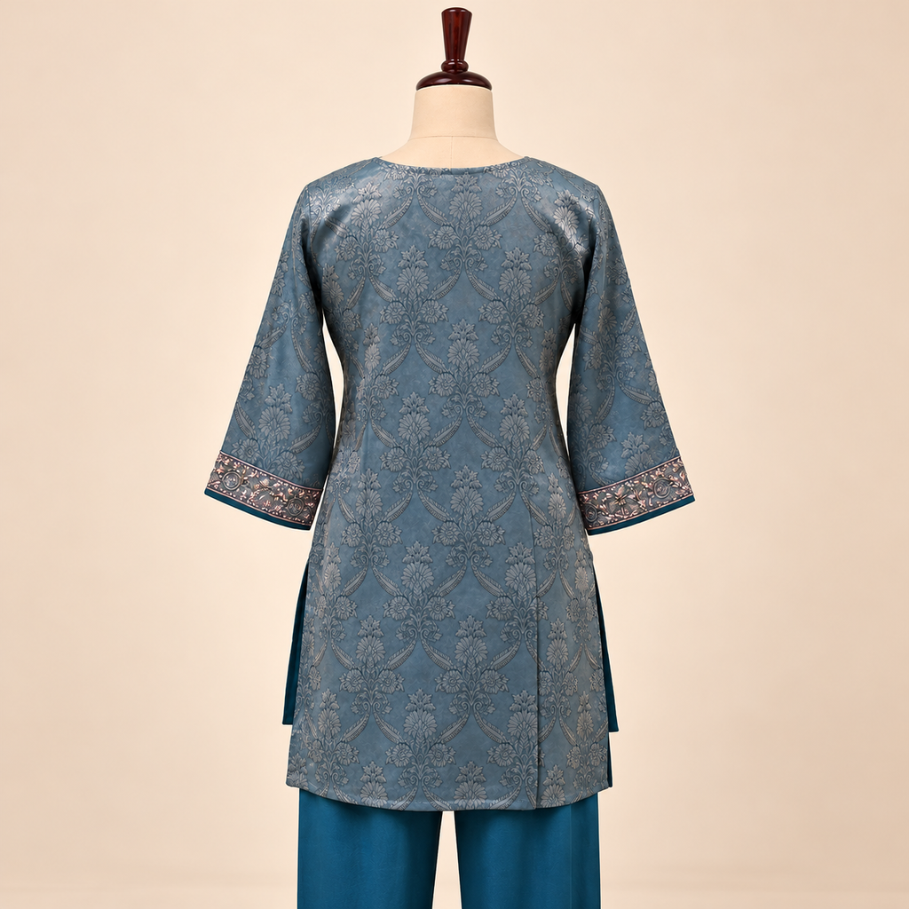 Green Silk Kurta Set with Floral Embroidery and Scalloped Hem