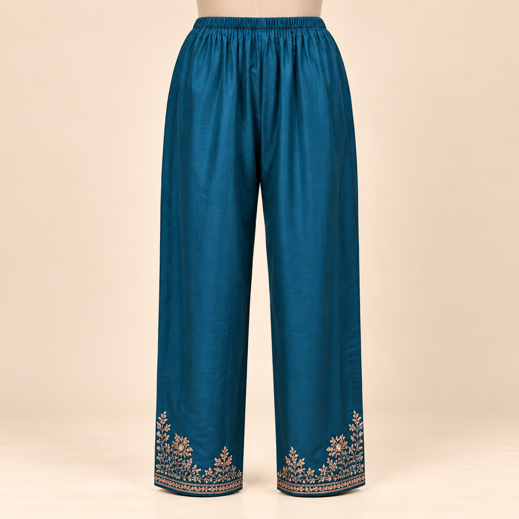 Green Silk Kurta Set with Floral Embroidery and Scalloped Hem