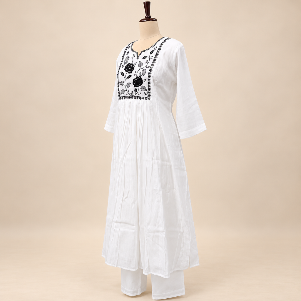 Elegant White Cotton Anarkali Set with Black Floral Embroidery