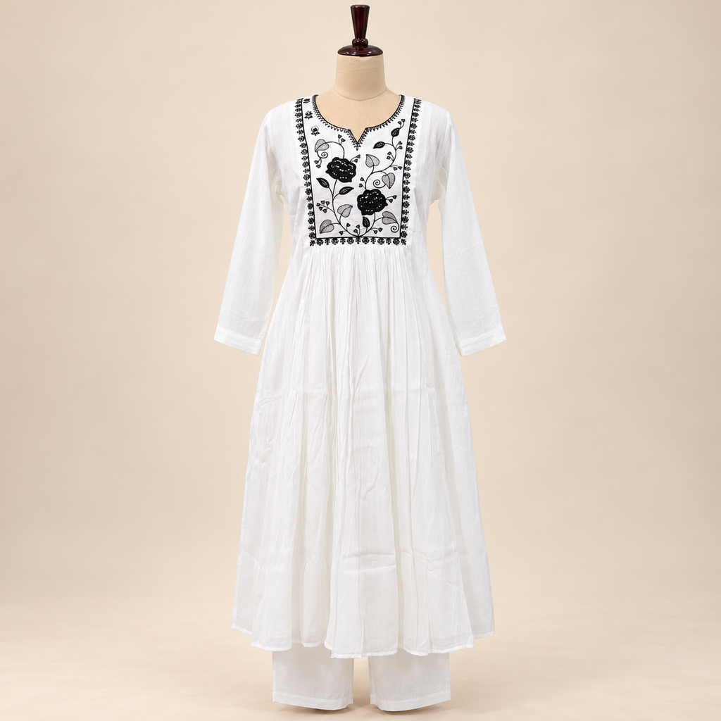Elegant White Cotton Anarkali Set with Black Floral Embroidery