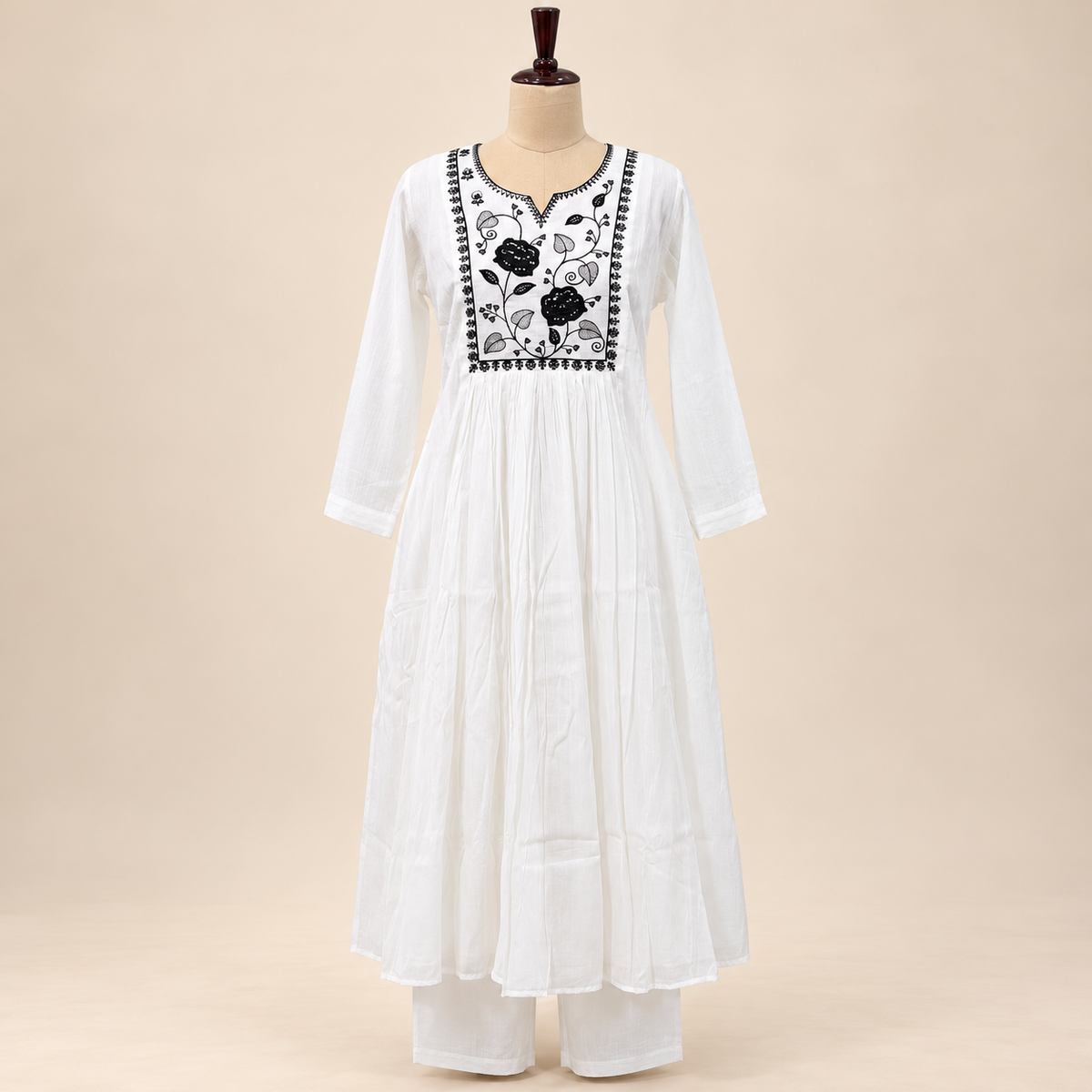 Elegant White Cotton Anarkali Set with Black Floral Embroidery