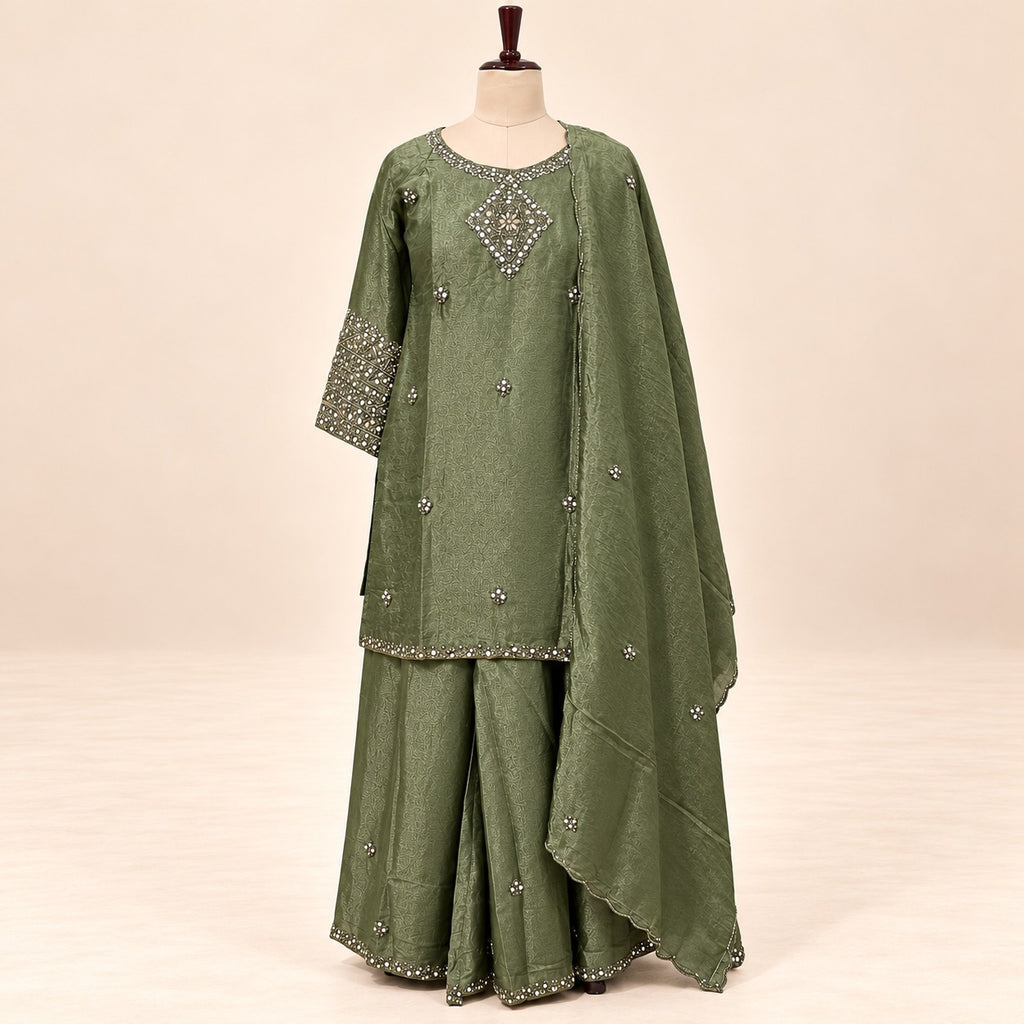 Mehendi Green Fendi Silver Work Palazzo Salwar Set