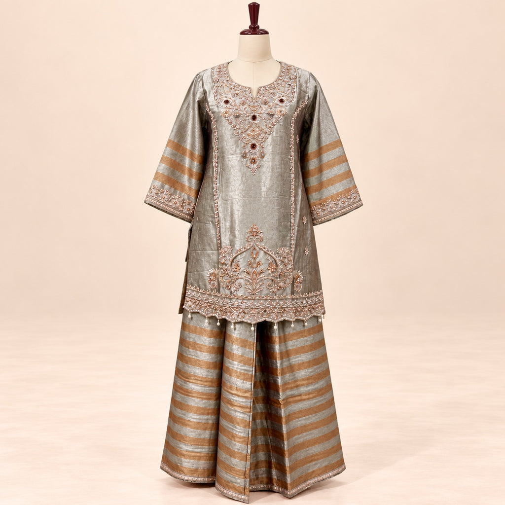 Golden Raw Silk Embroidered Palazzo Salwar Set