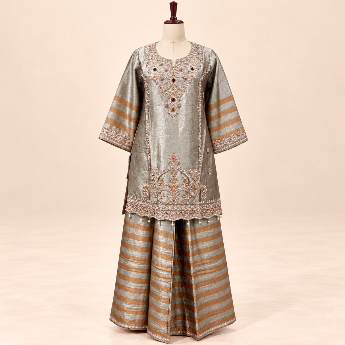 Golden Raw Silk Embroidered Palazzo Salwar Set