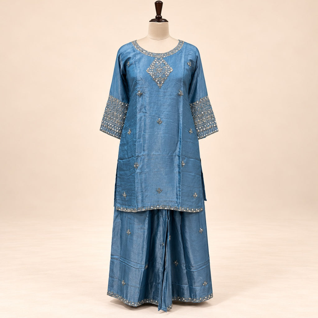 Elegant Blue Fendi Fabric Embroidered Palazzo Salwar Set
