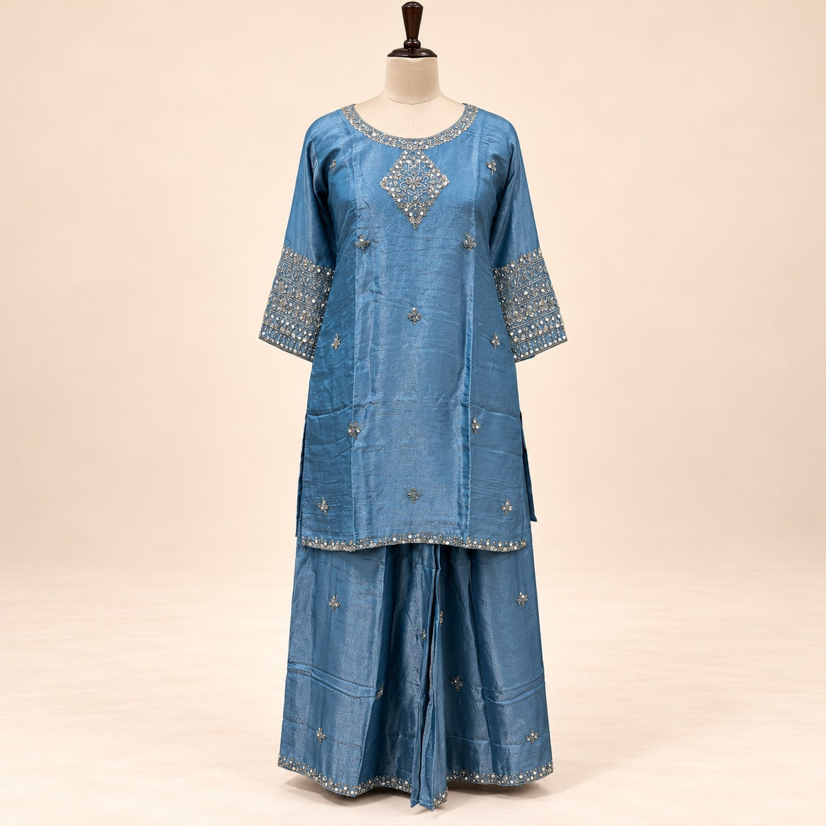 Elegant Blue Fendi Fabric Embroidered Palazzo Salwar Set