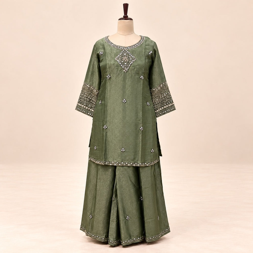 Mehendi Green Fendi Silver Work Palazzo Salwar Set