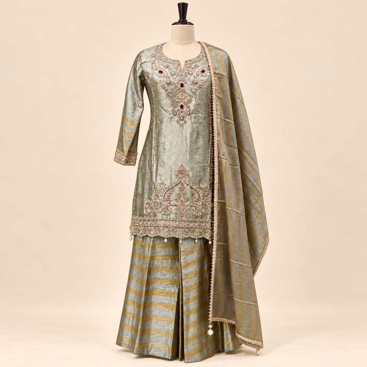 Elegant Golden Embroidered Palazzo Salwar Set